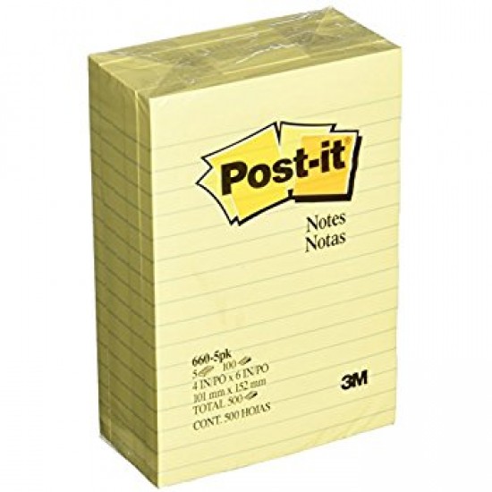 3M POST IT NOTE 4"X6"  YELLOW LINED 5/PK 660-5