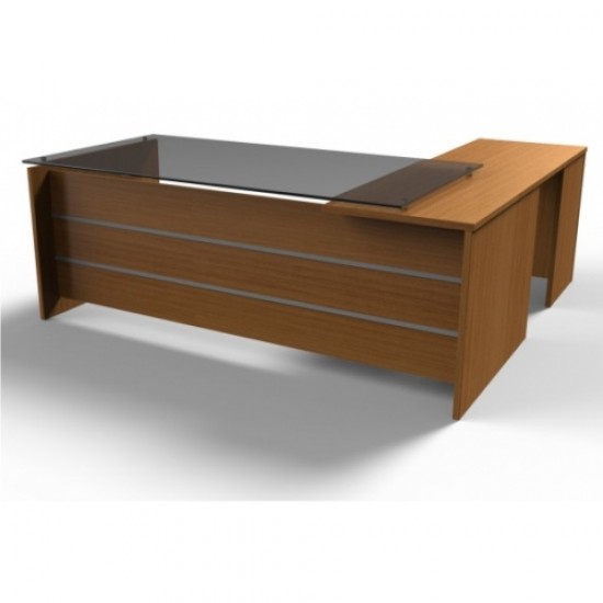 FCASE JULIO DESK EXECUTIVE GLASS TOP L SHAPE WALNUT LEFT 4PC JL1818L